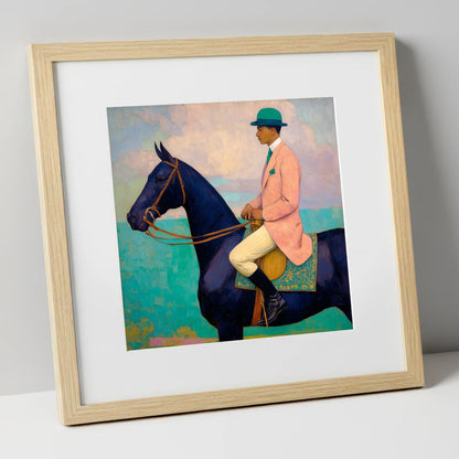 The Vivid Rider racing horse art print in natural frame