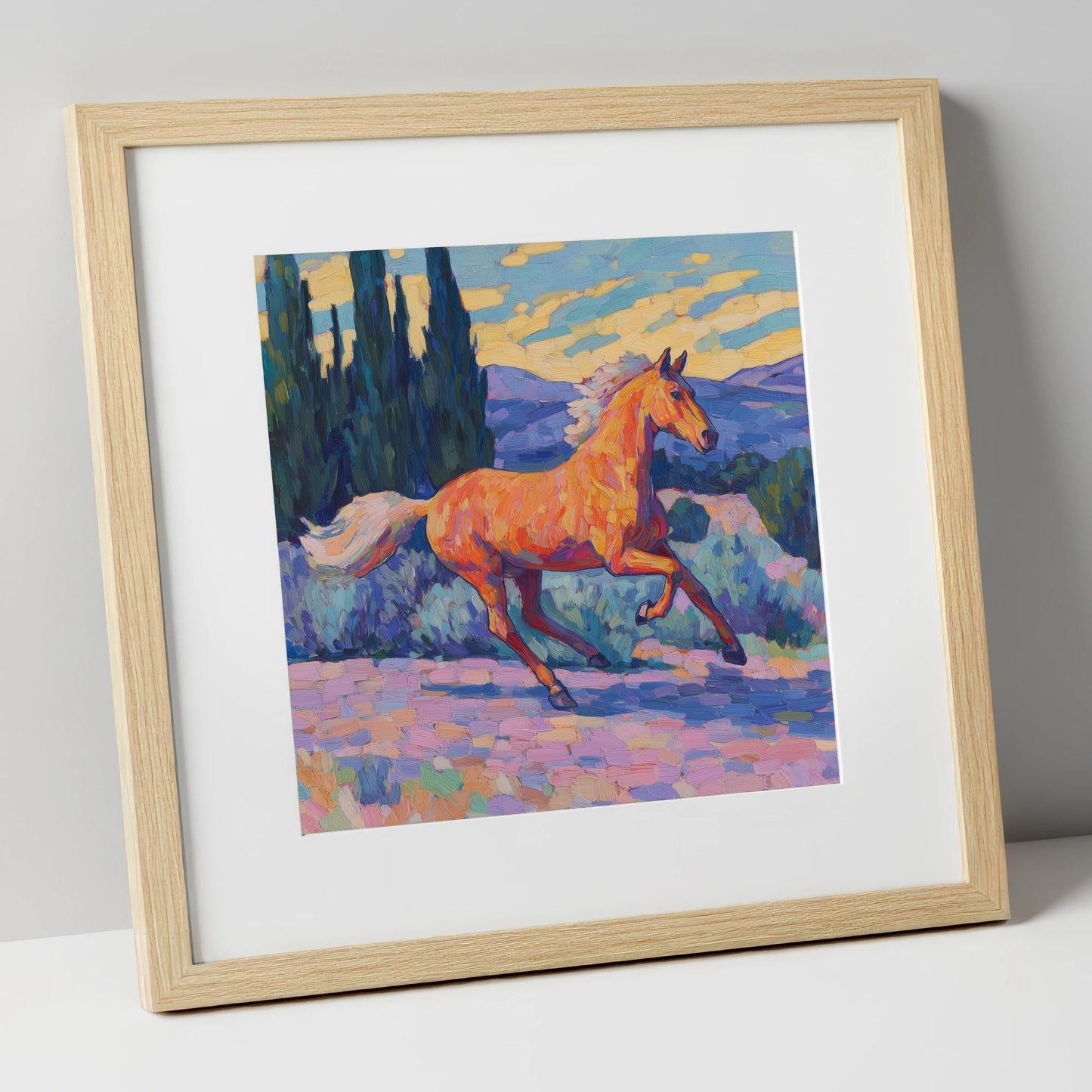Vibrant Golden Canter horse breed art print in natural frame