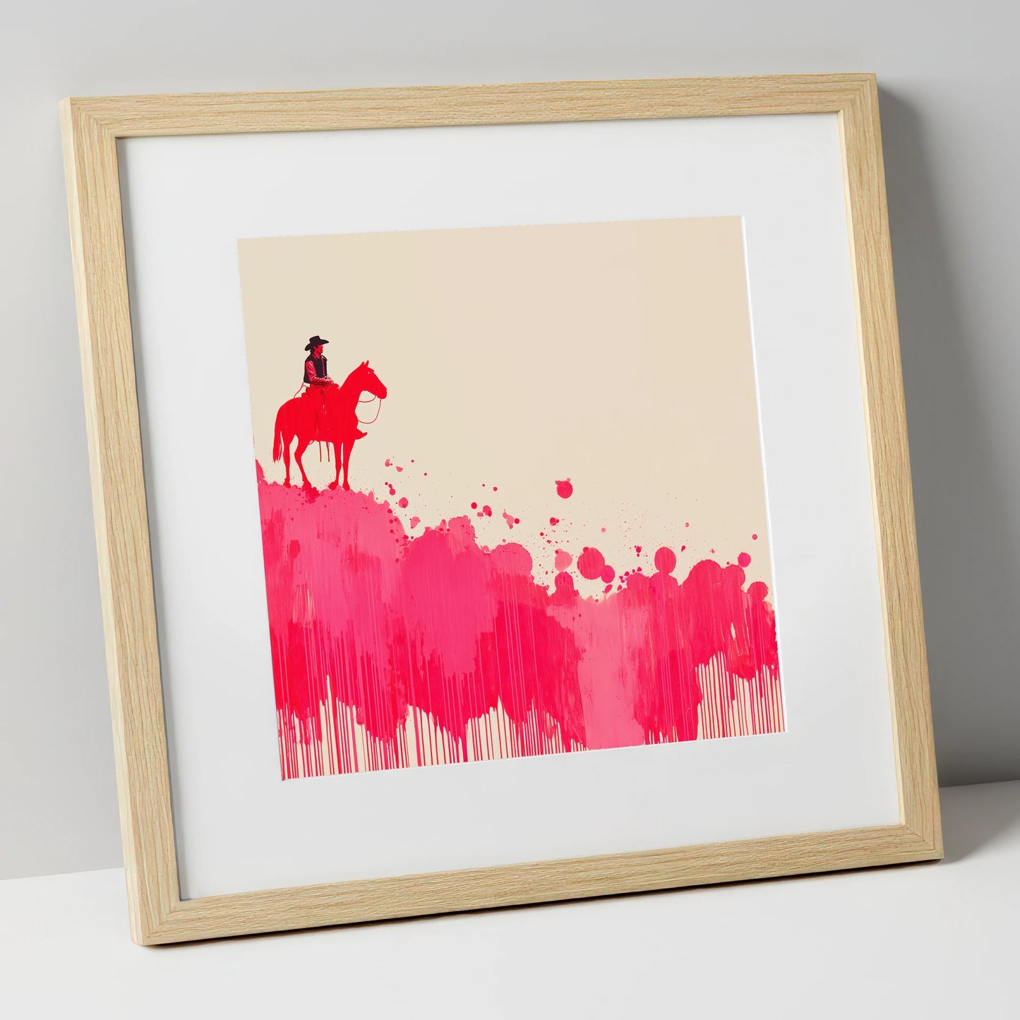 Magenta Maverick western horse art print in natural frame
