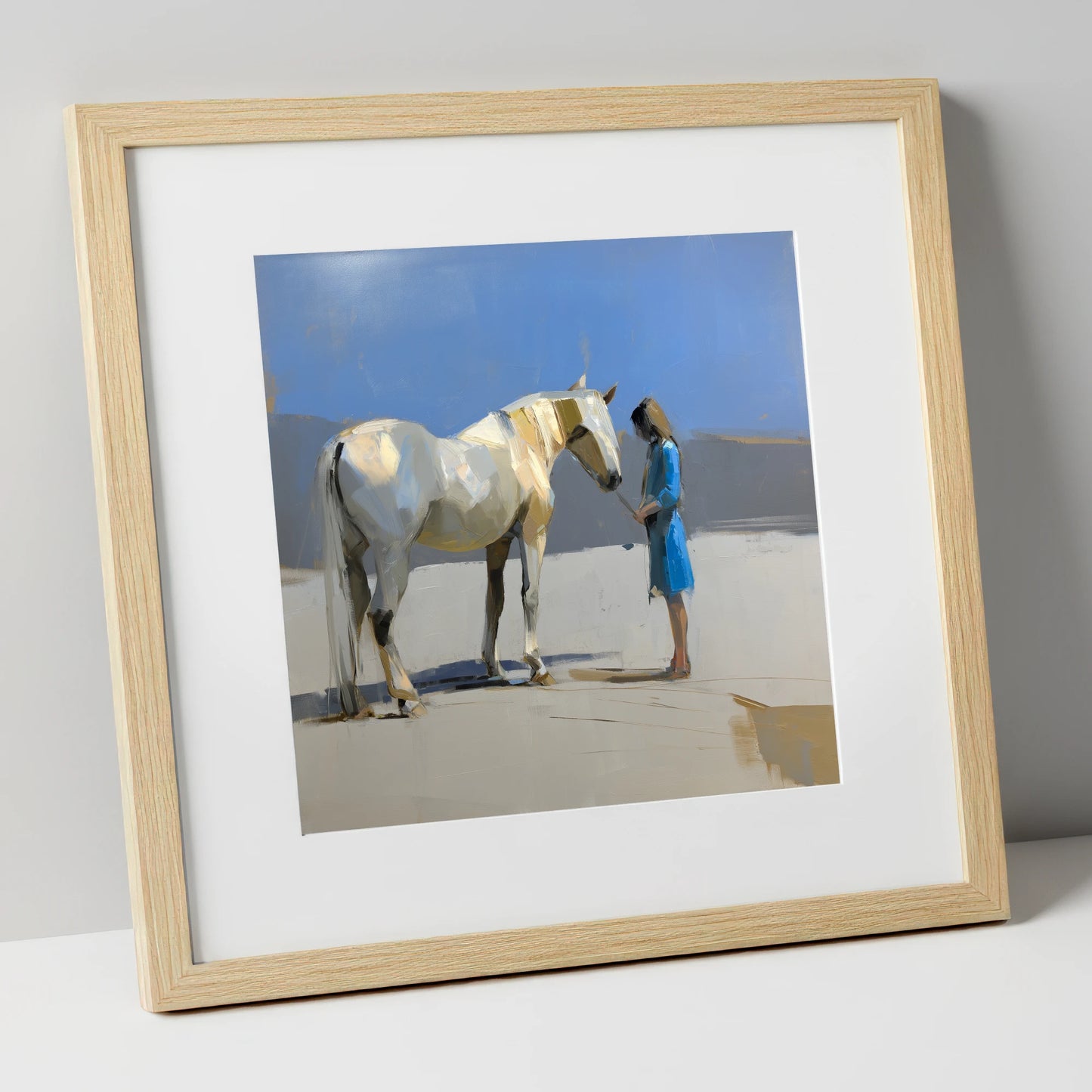 Sunlit Companion horse & rider art print in natural frame