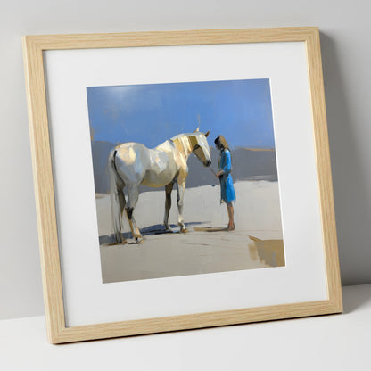 Sunlit Companion horse & rider art print in natural frame