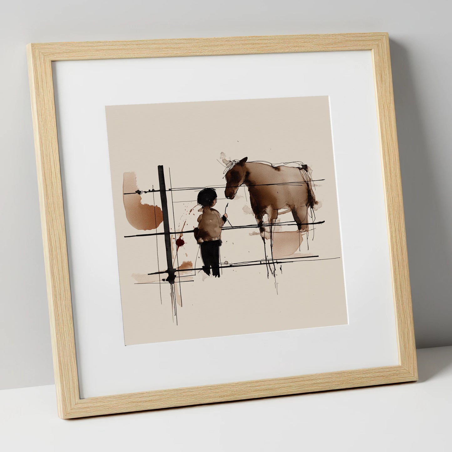 A Quiet Connection horse & rider art print in natural frame