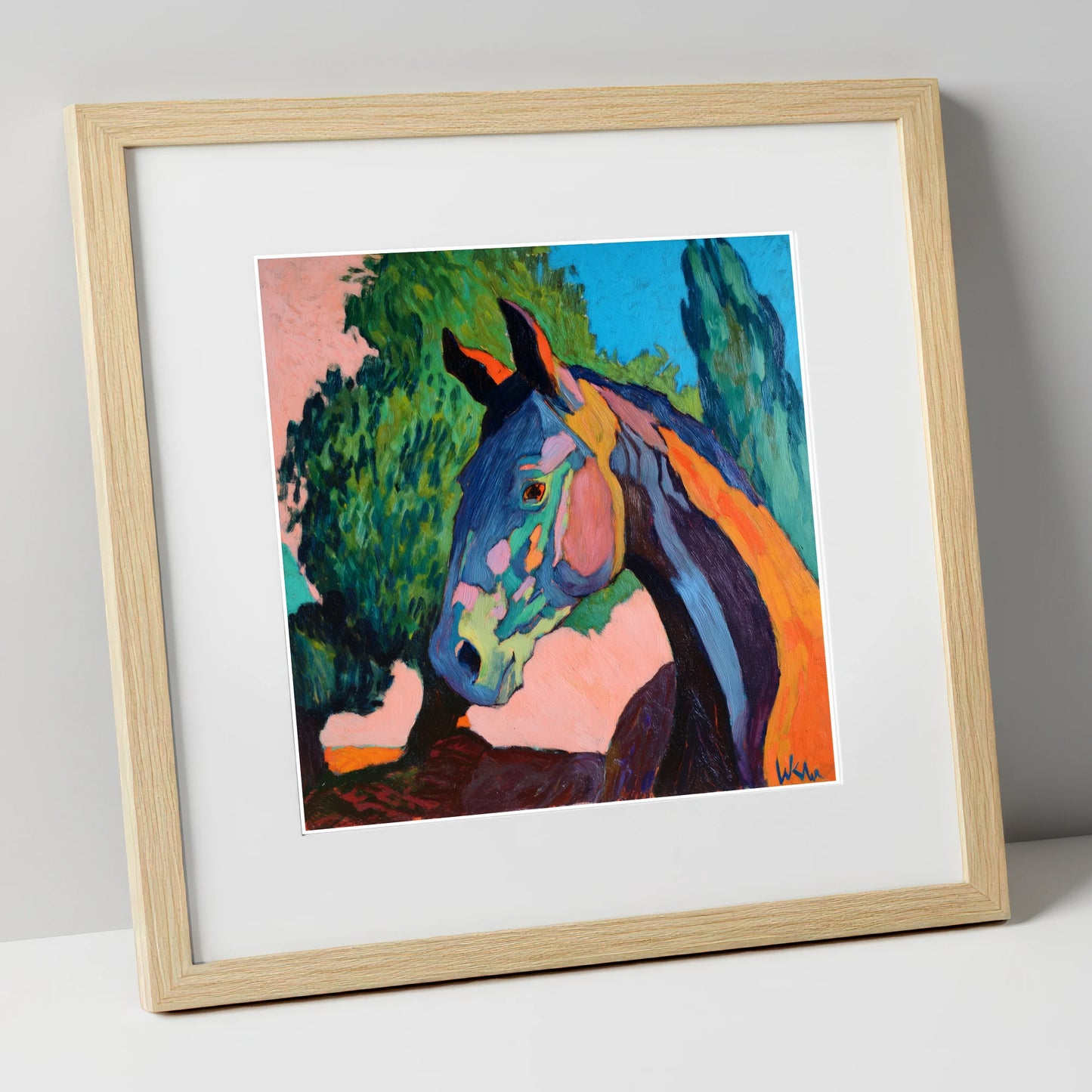 Vibrant Equine Expression horse portrait art print in natural frame
