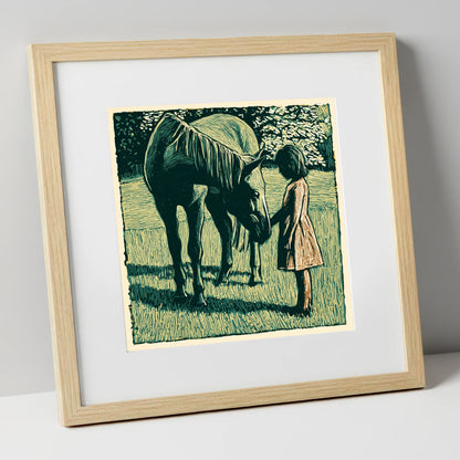 First Greetings horse & rider art print in natural frame