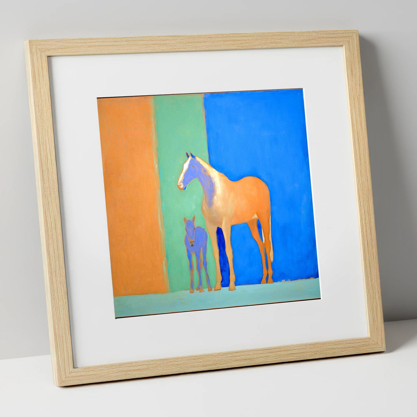 Cobalt and Sand mare & foal art print in natural frame