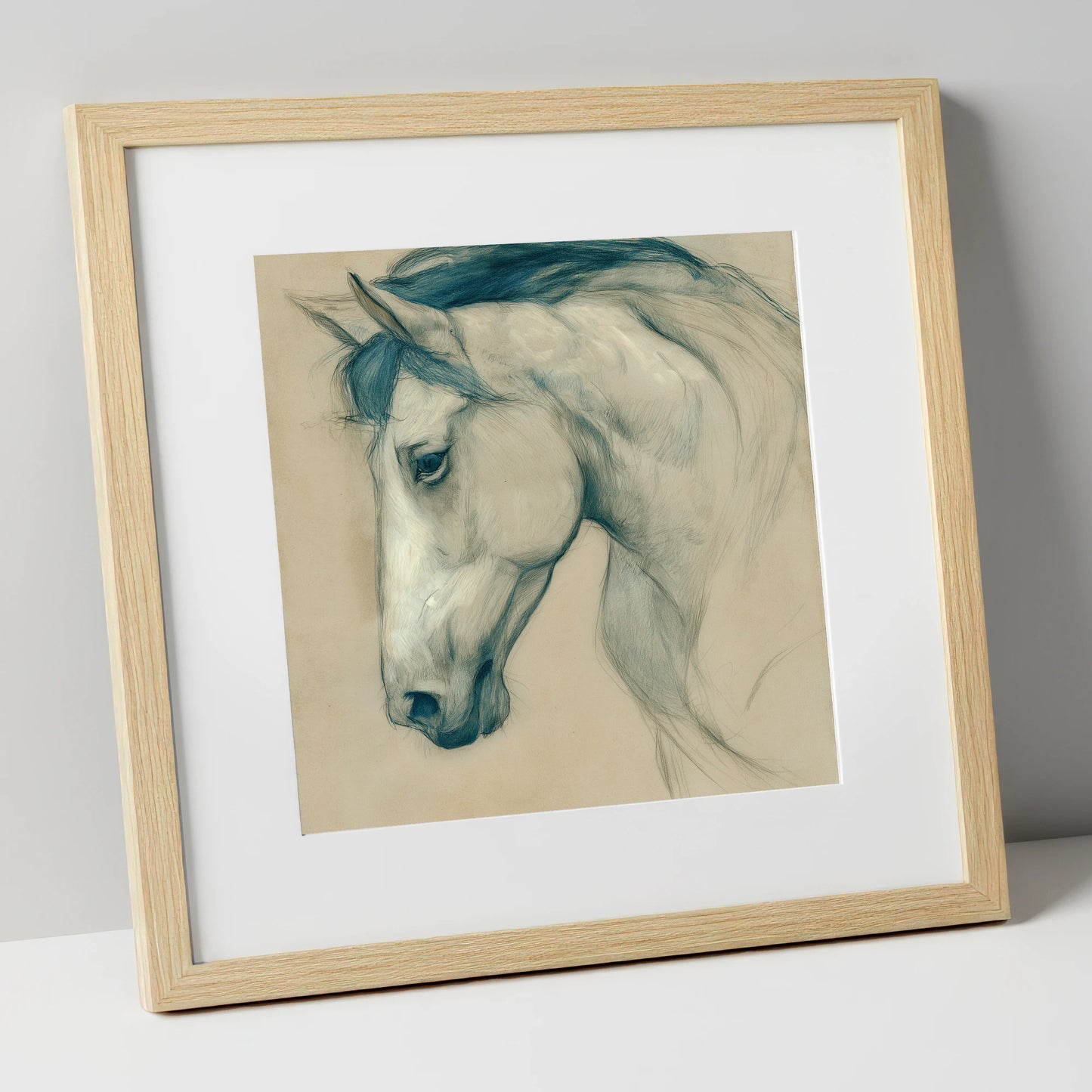 Quiet Grey Profile horse portrait art print in natural frame