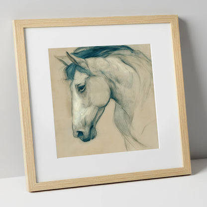 Quiet Grey Profile horse portrait art print in natural frame
