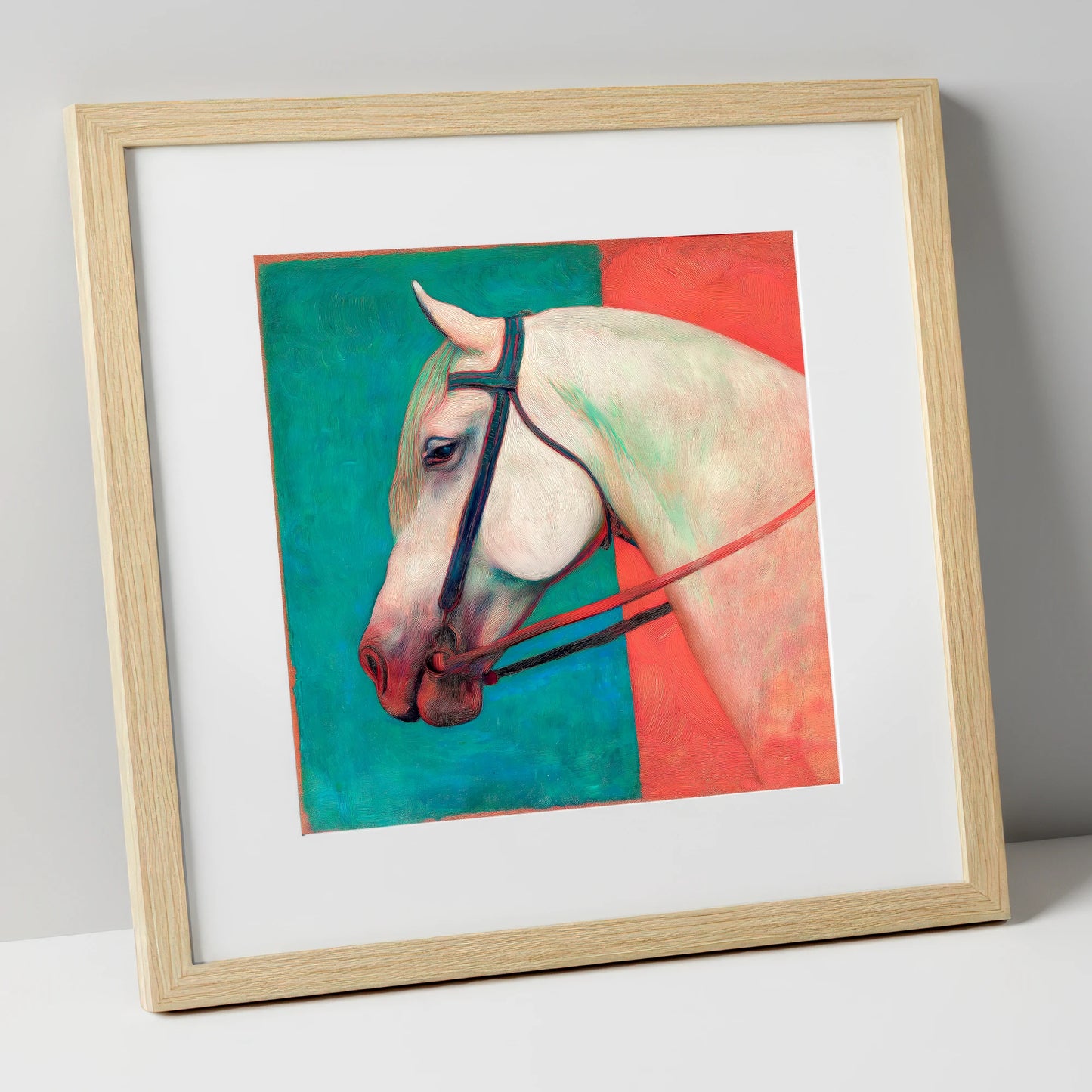 Crimson and Emerald Profile horse breed art print in natural frame
