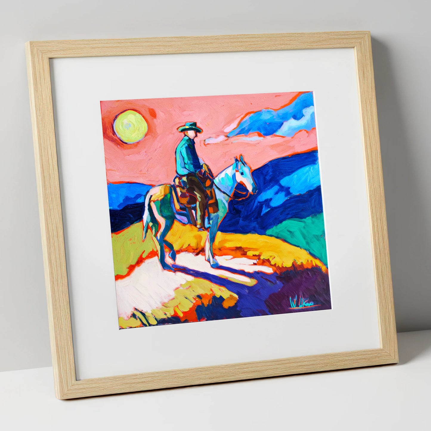 Technicolour Trail Rider western horse art print in natural frame