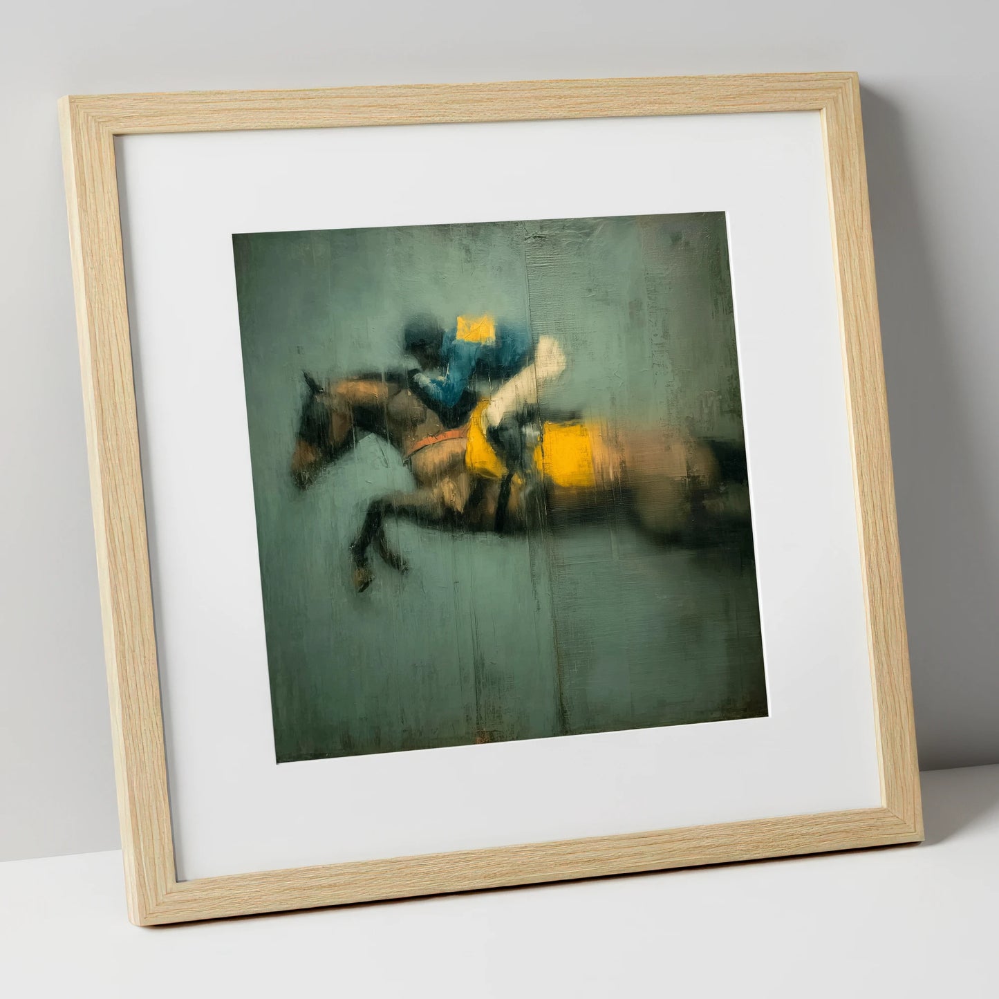 Airborne in Teal and Gold show jumping horse art print in natural frame