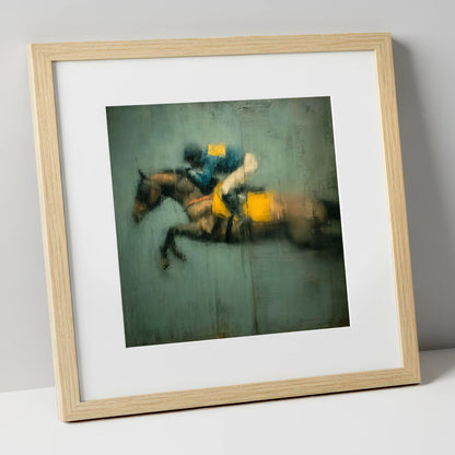 Airborne in Teal and Gold show jumping horse art print in natural frame