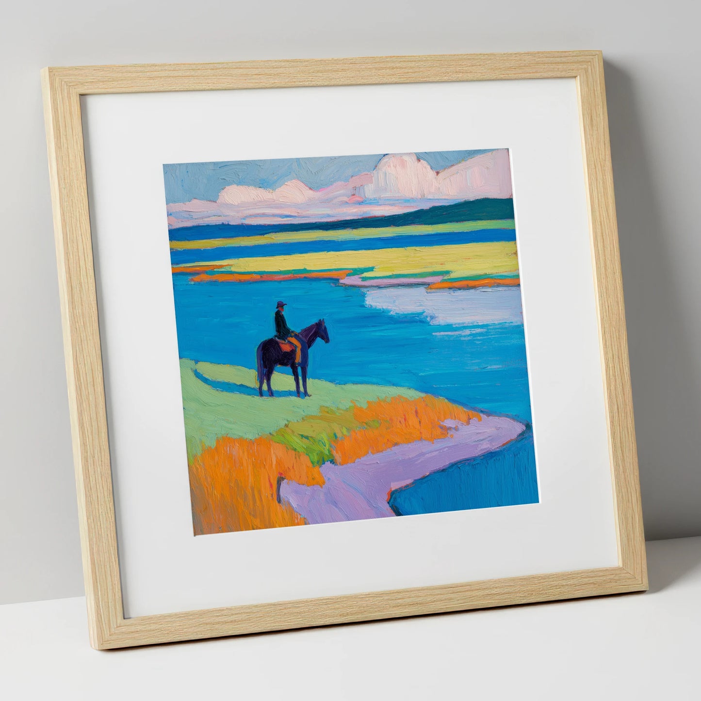 Vivid Coastal Solitude beach horse art print in natural frame