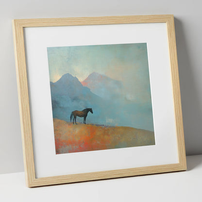 Highland Solitude horse landscape art print in natural frame