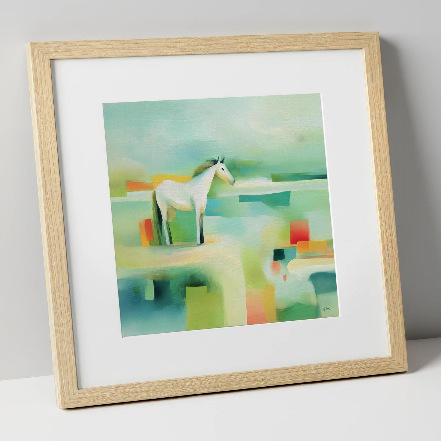 Abstract Grey Harmony horse landscape art print in natural frame
