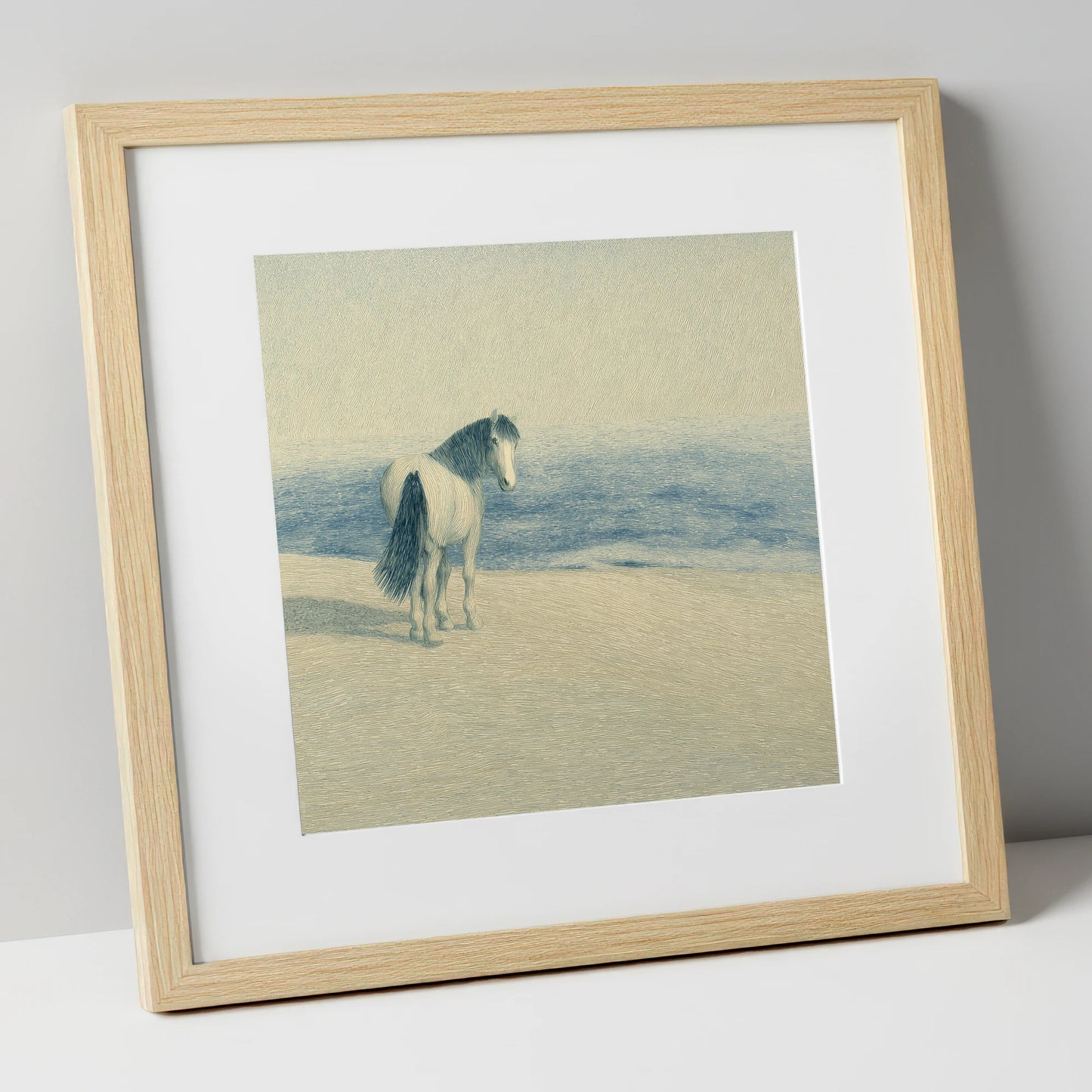 The Shoreline Gaze horse landscape art print in natural frame