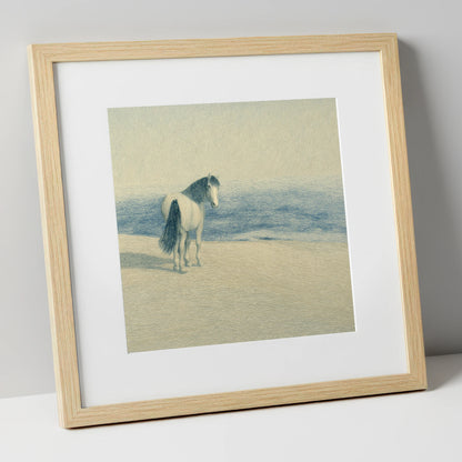 The Shoreline Gaze horse landscape art print in natural frame