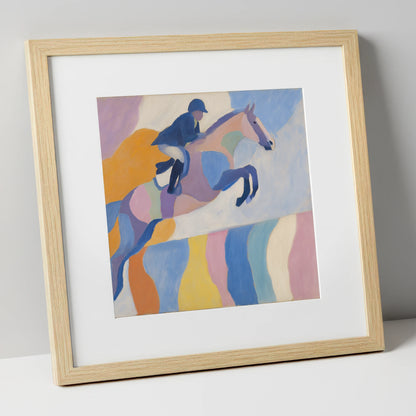 Pastel Abstract Leap show jumping horse art print in natural frame