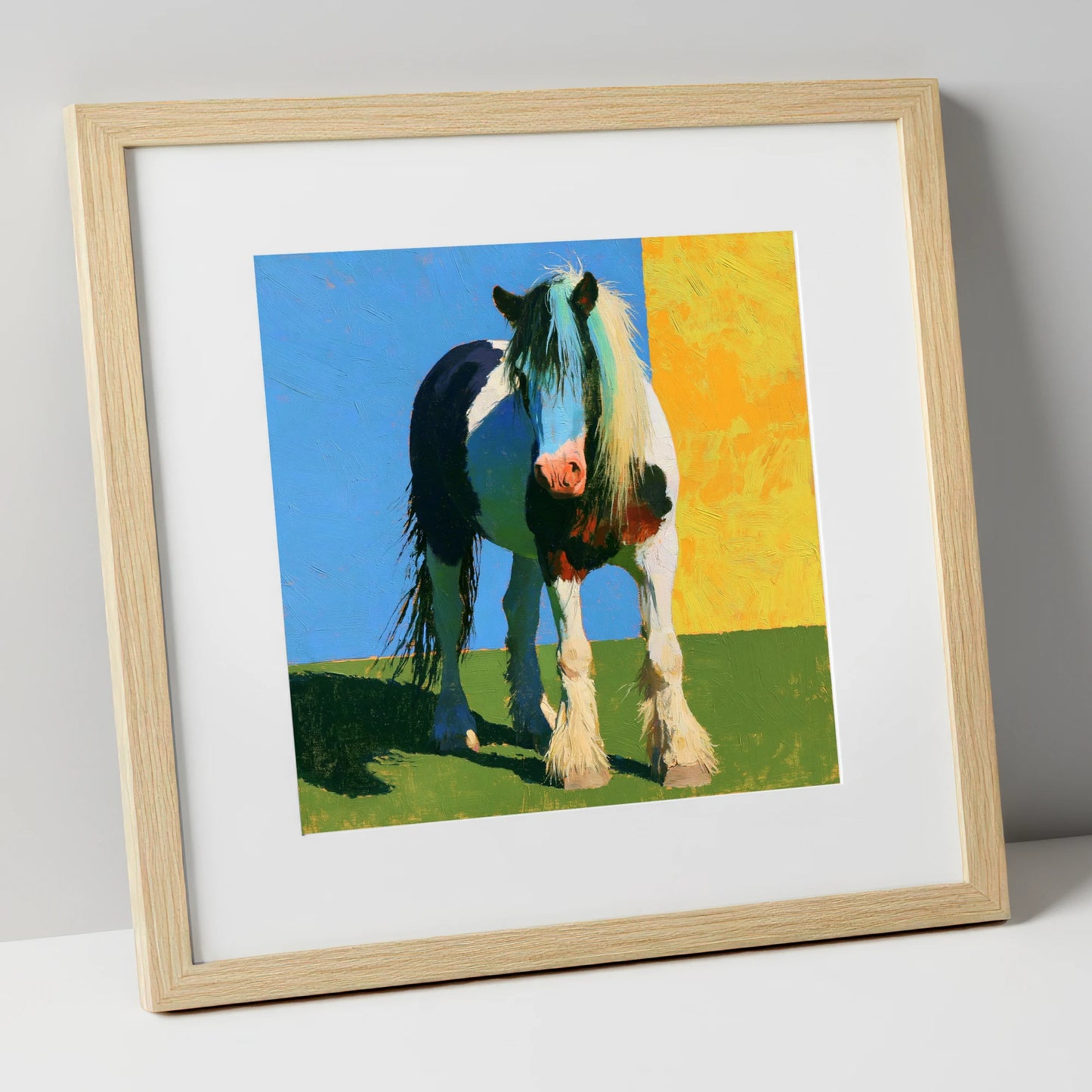 Piebald Cob in Vibrant Sun horse breed art print in natural frame