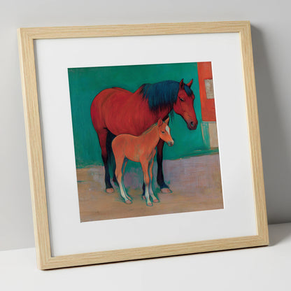 Crimson Mare and Foal mare & foal art print in natural frame