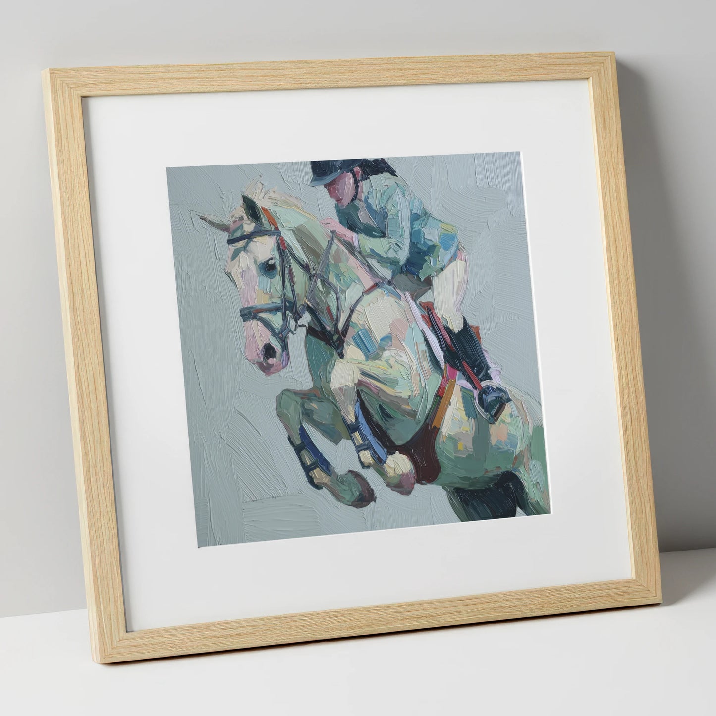 Pastel Flight Mid-Air show jumping horse art print in natural frame