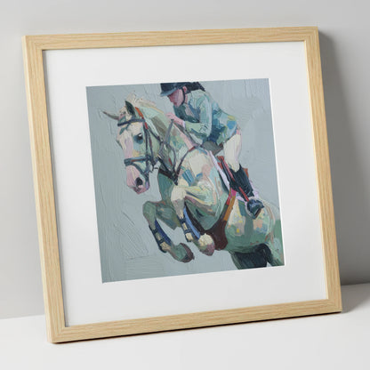 Pastel Flight Mid-Air show jumping horse art print in natural frame