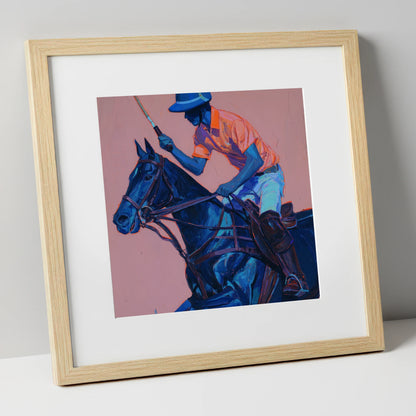 The Indigo Chukka polo horse art print in natural frame