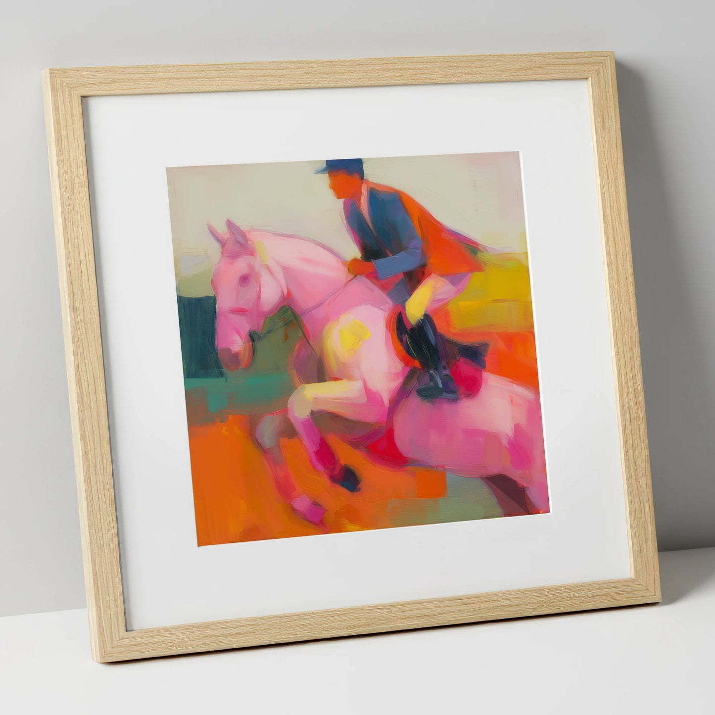 The Vivid Leap show jumping horse art print in natural frame