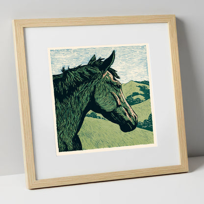Verdant Valley Gaze horse portrait art print in natural frame