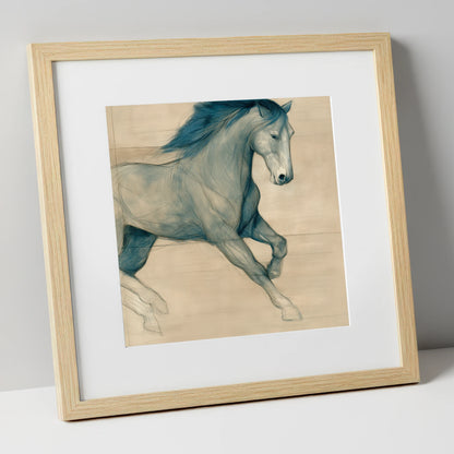 Teal Equine Study horse portrait art print in natural frame