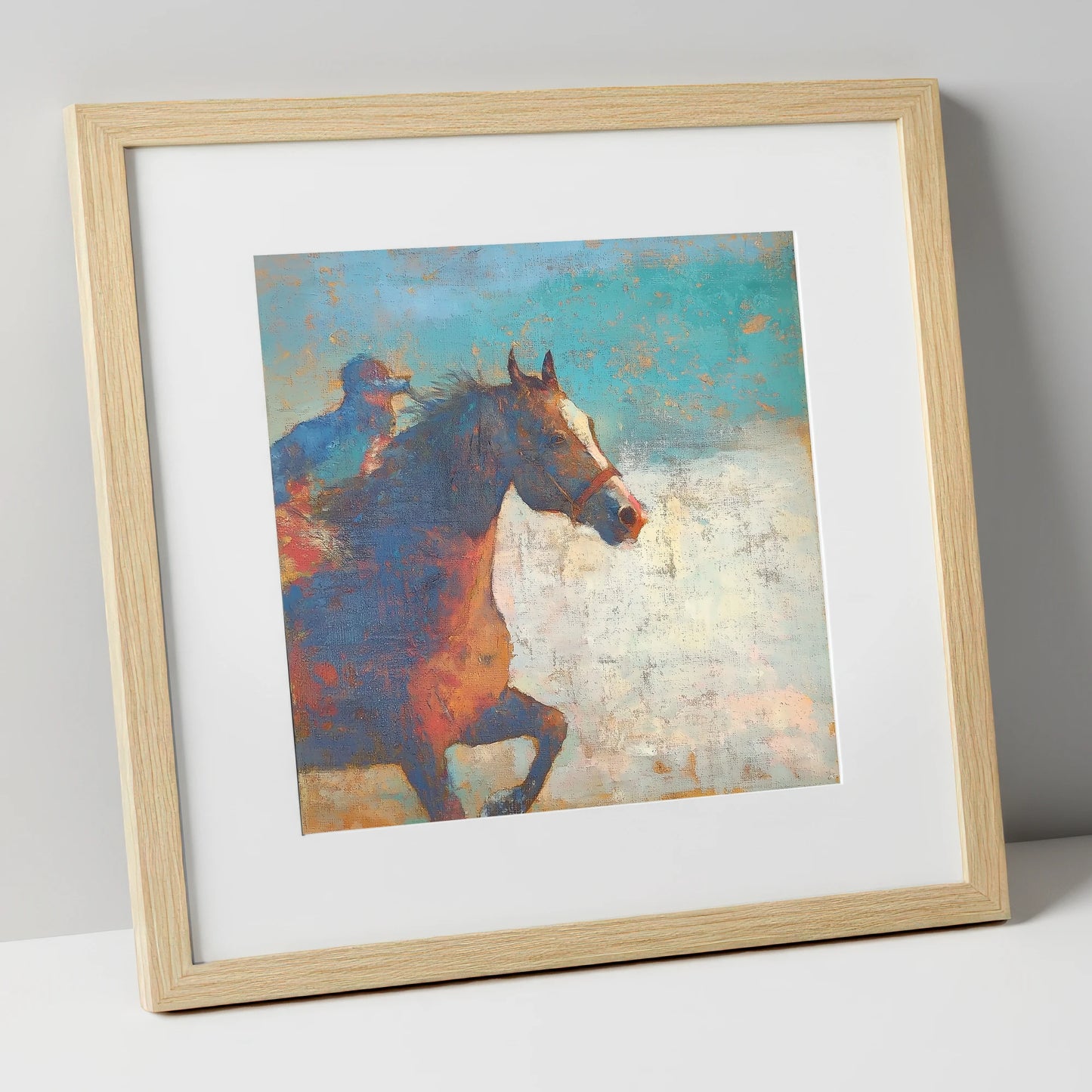 Echoes of the Turf racing horse art print in natural frame