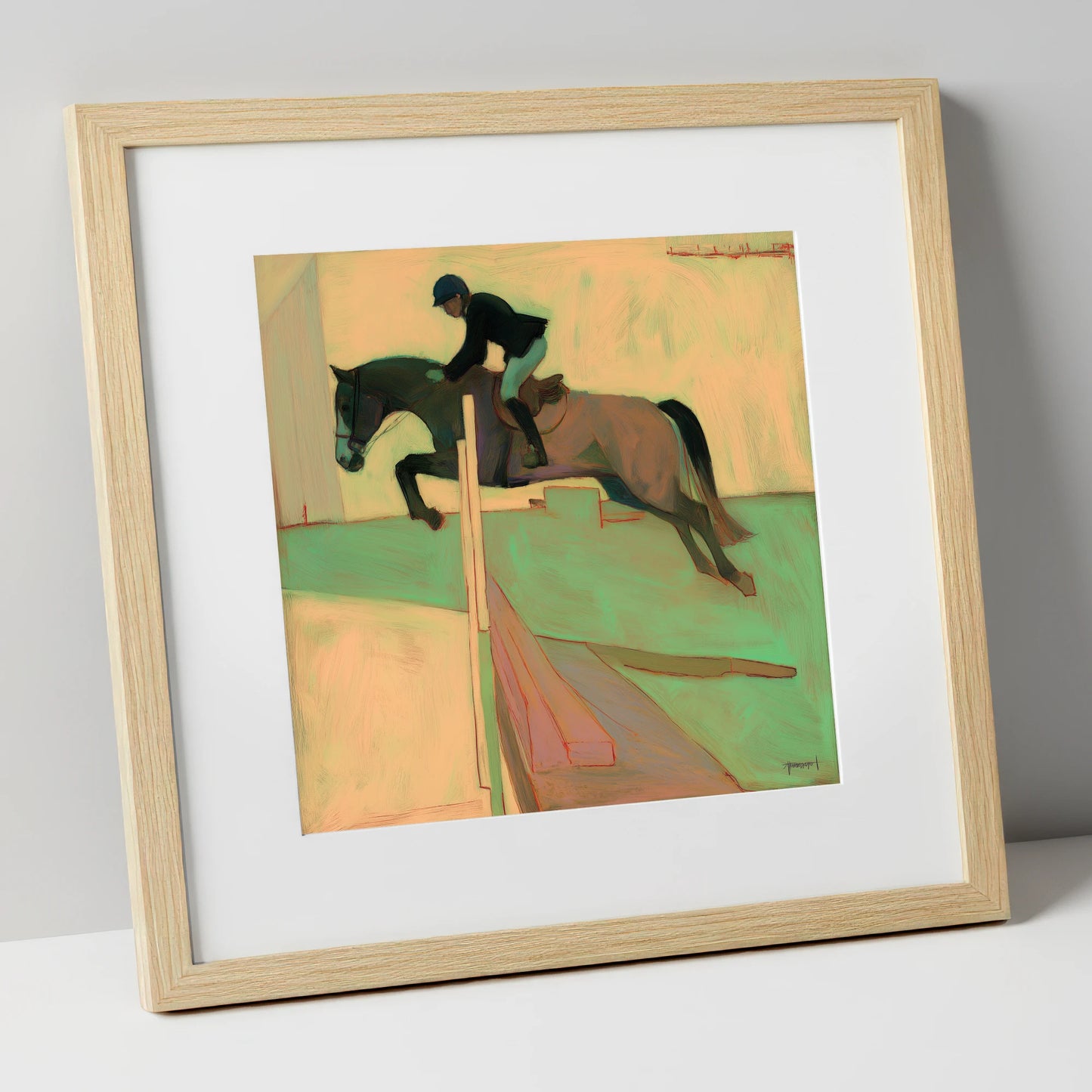 Flight and Form show jumping horse art print in natural frame