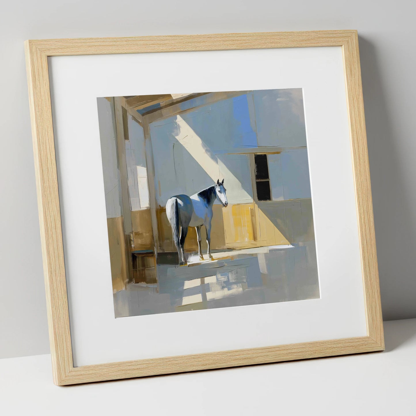 The Sunlit Grey horse stable art print in natural frame