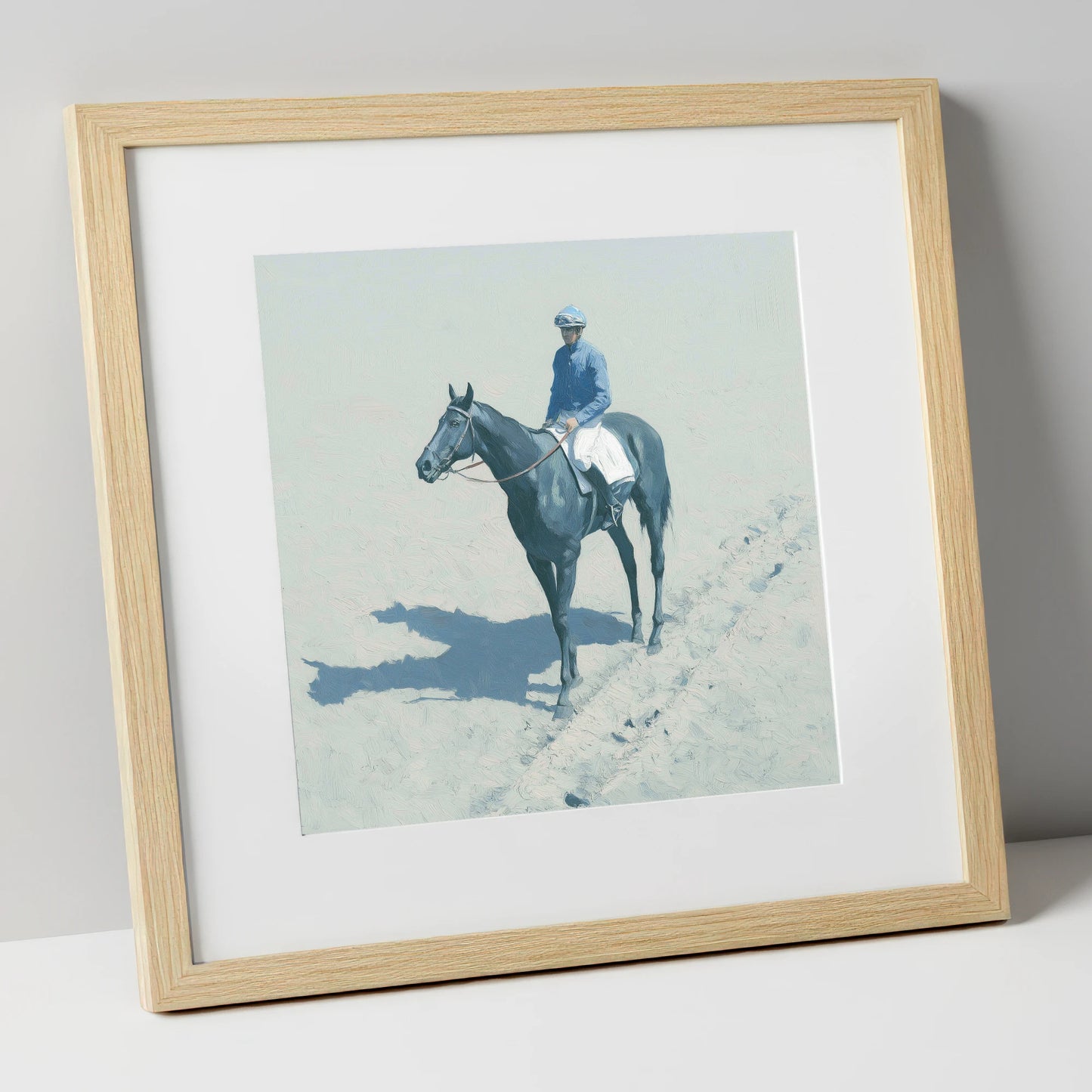 Dawn on the Gallops racing horse art print in natural frame