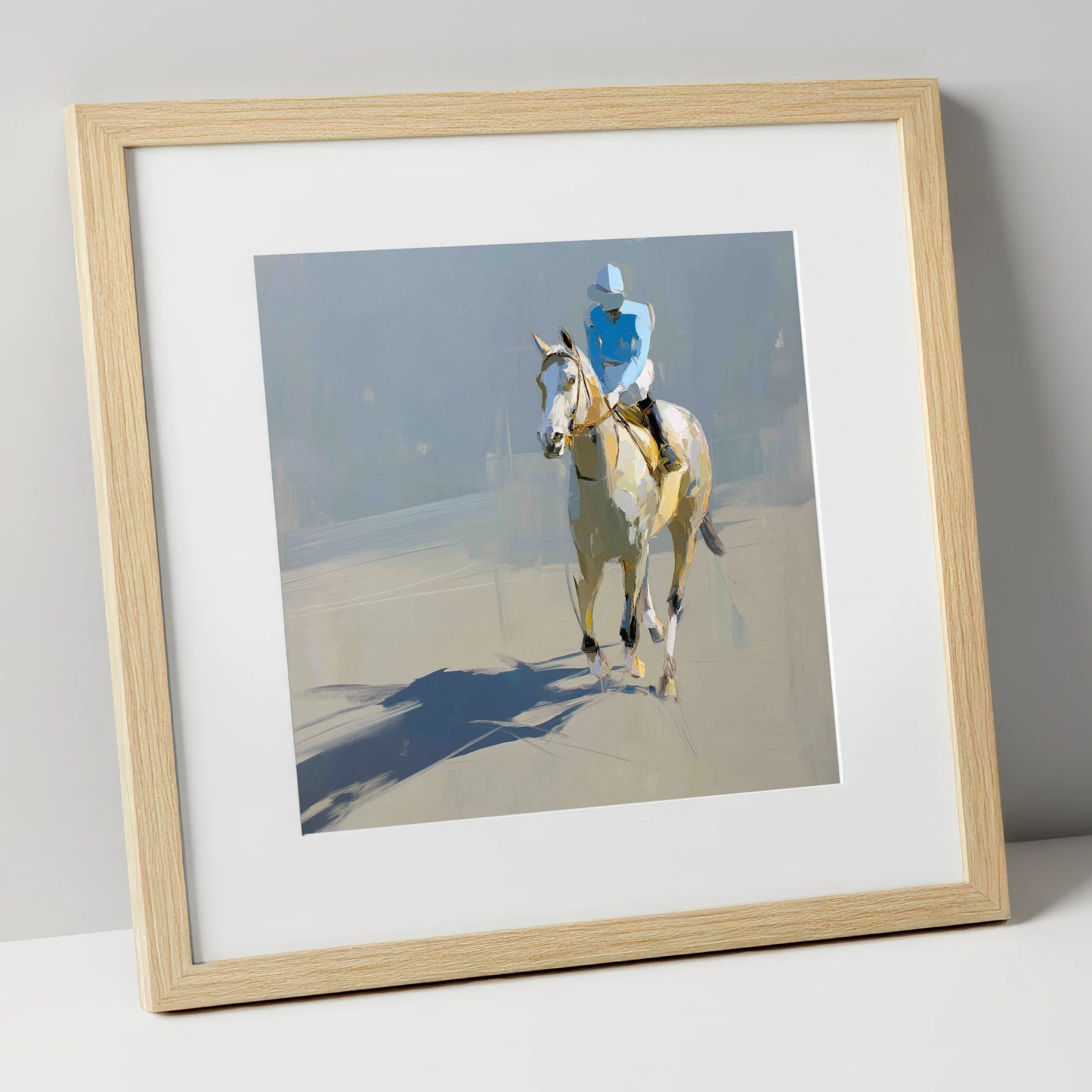 Sunlit Racing Grey racing horse art print in natural frame