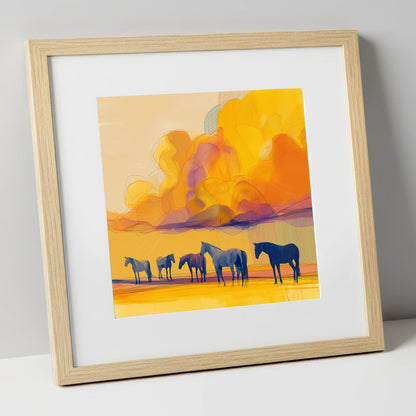 Vibrant Horizon Herd horse landscape art print in natural frame