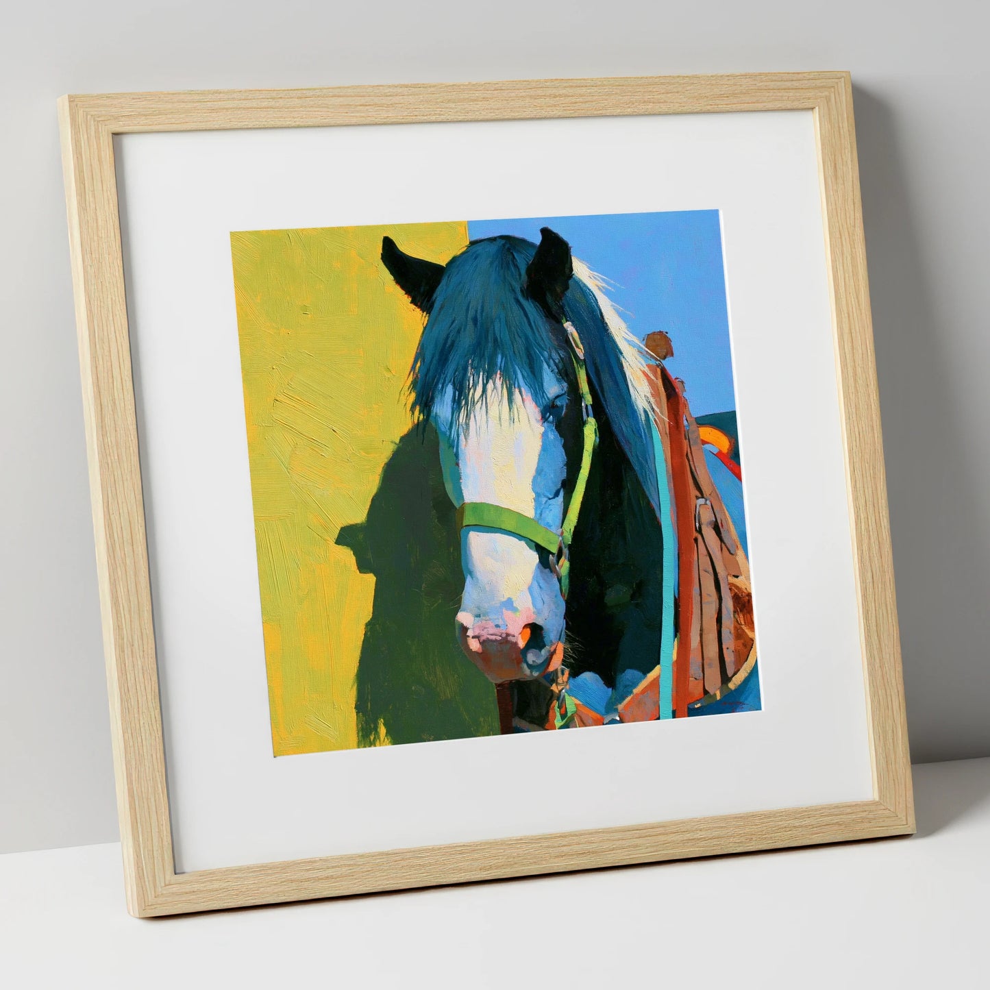 Tacked Horse Against Yellow Wall horse breed art print in natural frame
