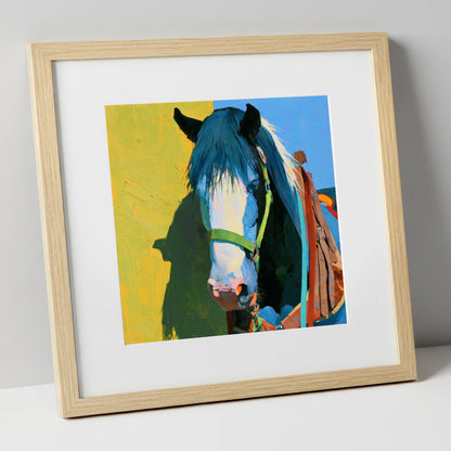 Tacked Horse Against Yellow Wall horse breed art print in natural frame