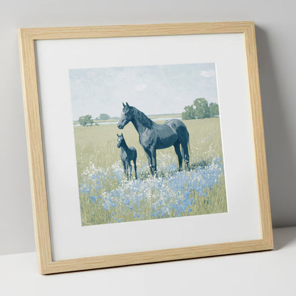 The Blue Meadow mare & foal art print in natural frame