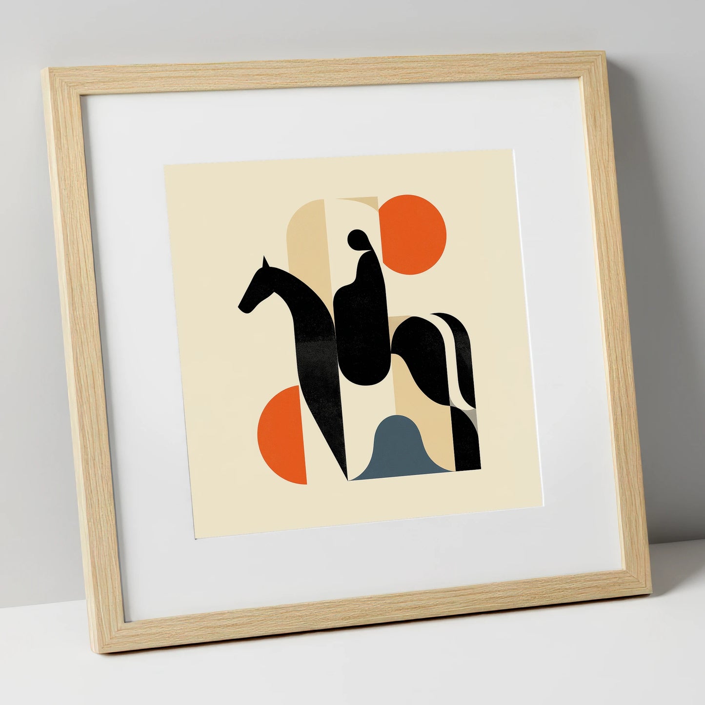 Mid-Century Silhouette horse & rider art print in natural frame