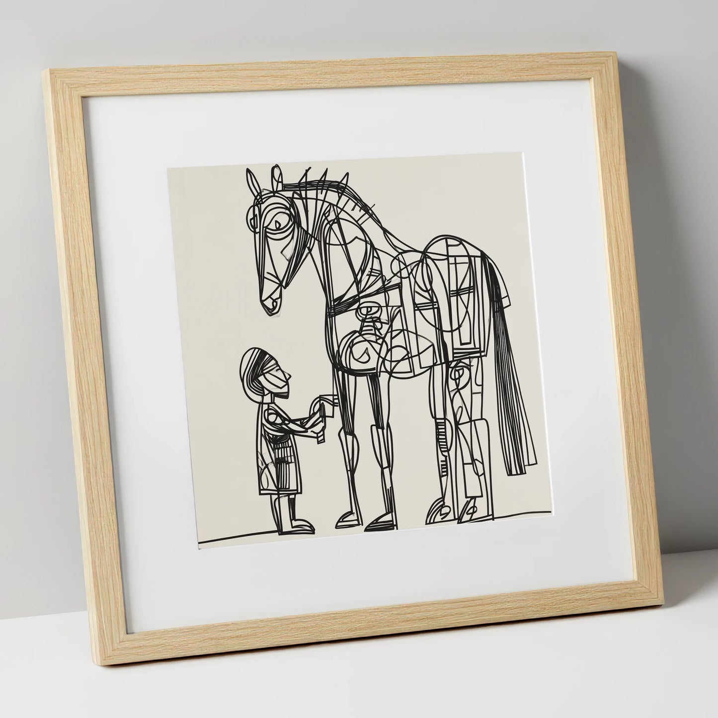 Linear Harmony horse & rider art print in natural frame