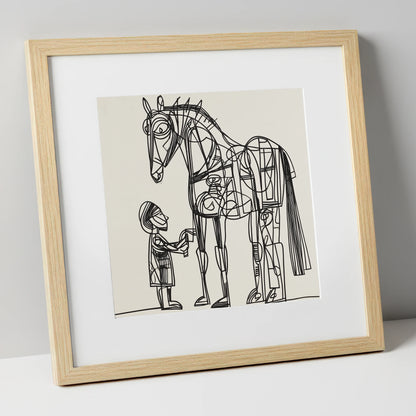 Linear Harmony horse & rider art print in natural frame
