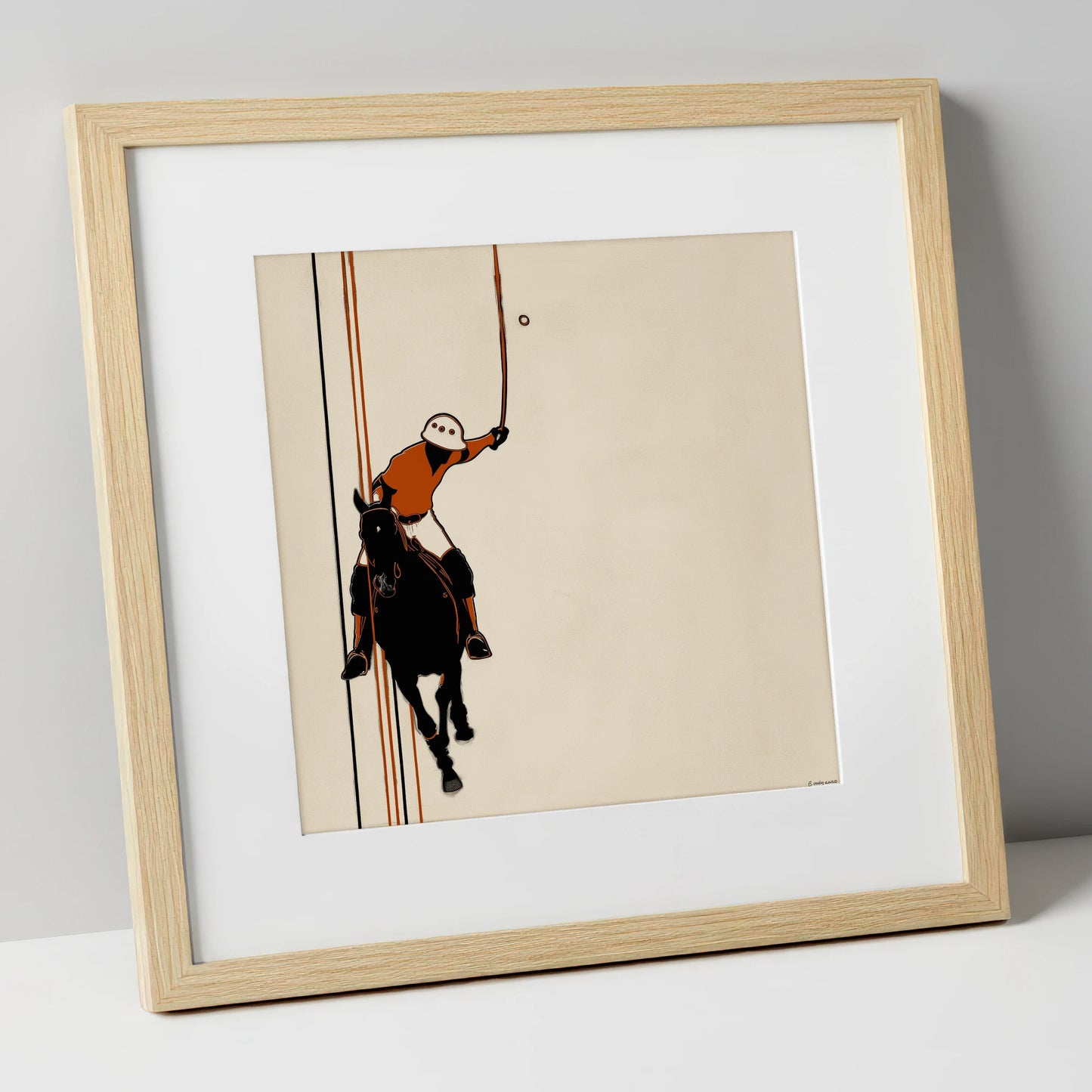 The Perfect Strike polo horse art print in natural frame