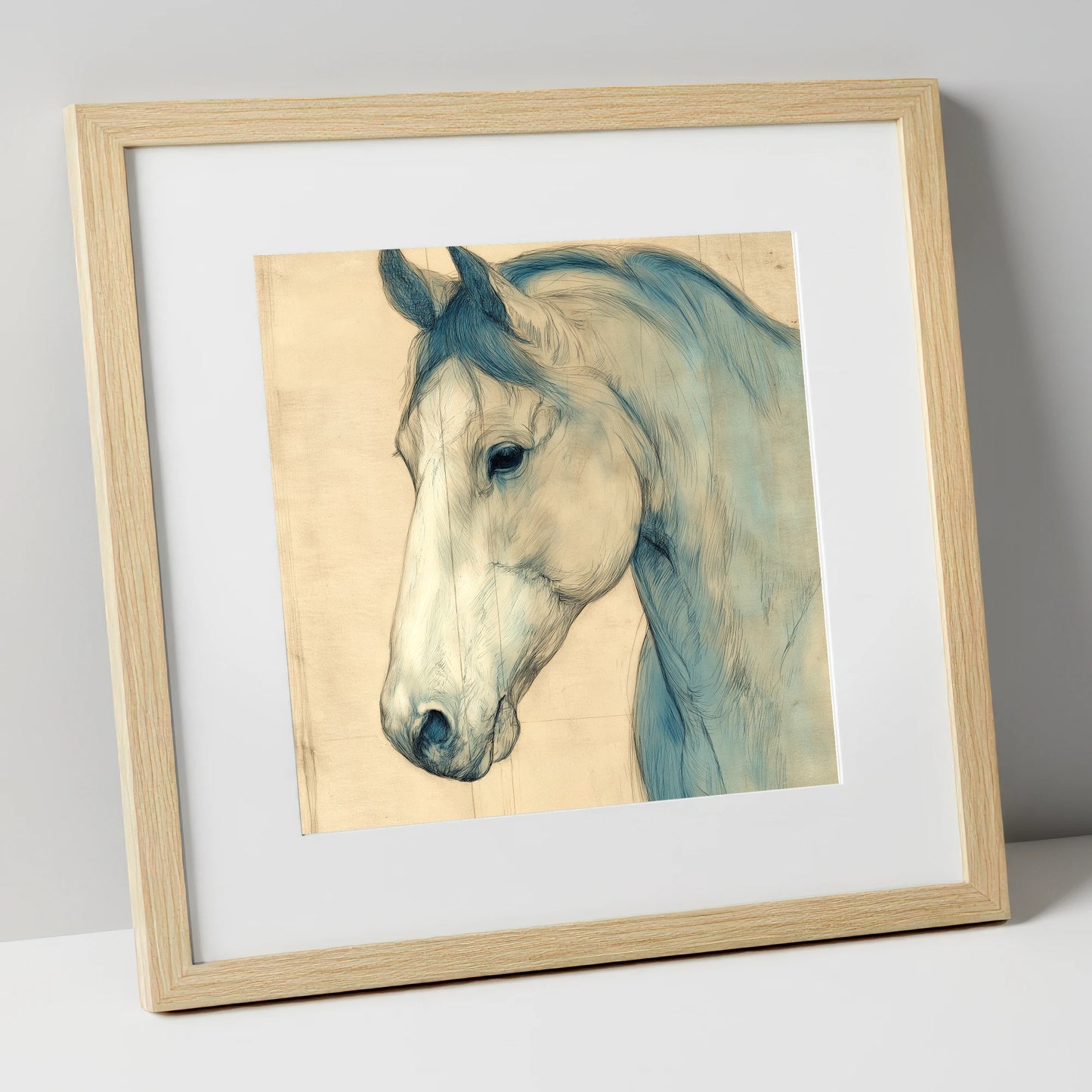 Parchment Profile Study horse portrait art print in natural frame
