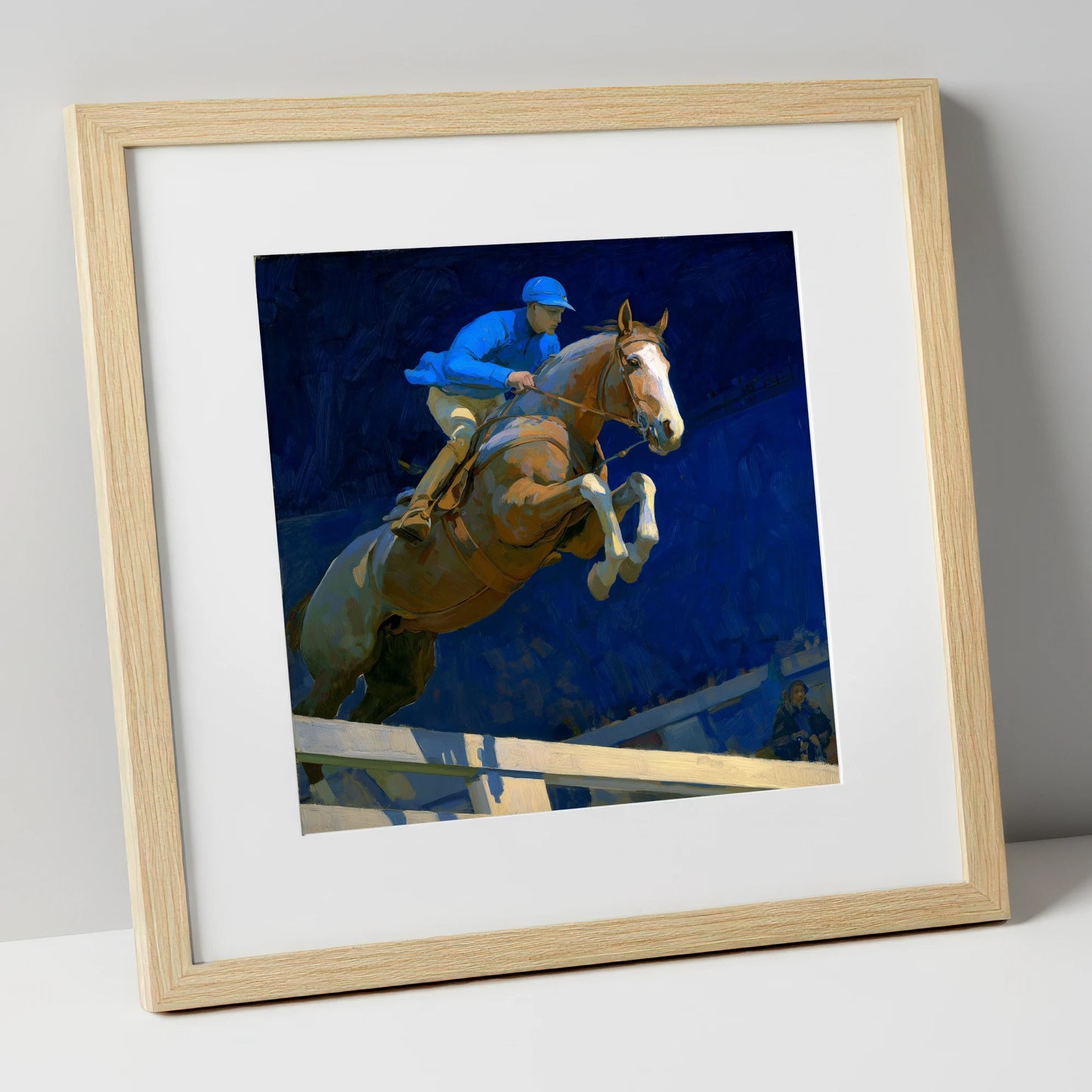 Bold Cobalt Clearance show jumping horse art print in natural frame