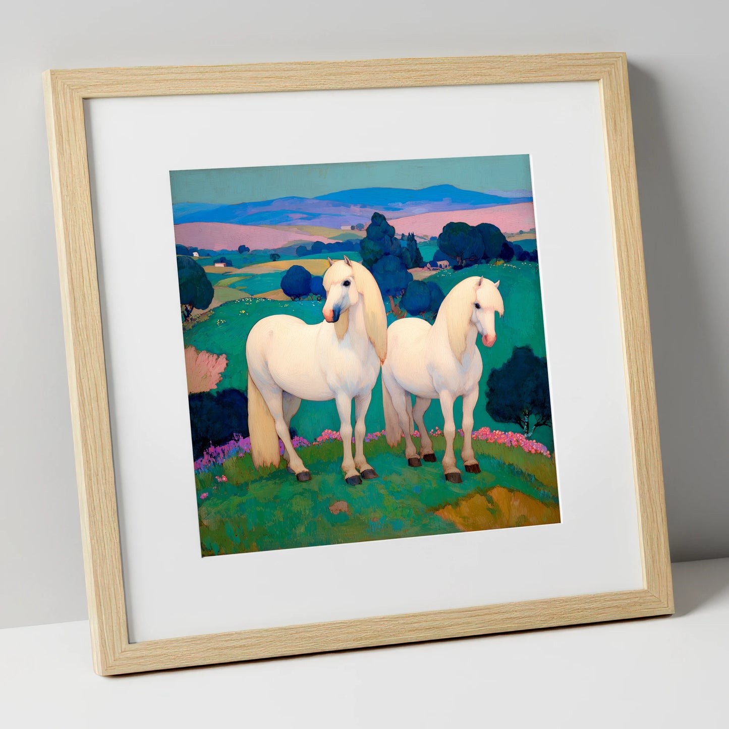 Pastel Horizons horse landscape art print in natural frame