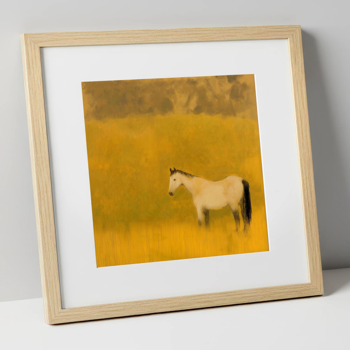 Golden Silence horse landscape art print in natural frame