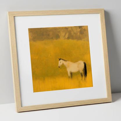 Golden Silence horse landscape art print in natural frame