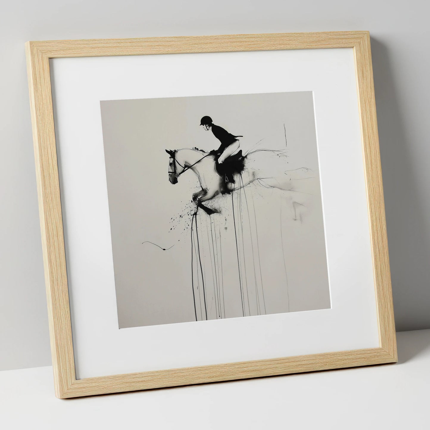 Airborne Elegance show jumping horse art print in natural frame