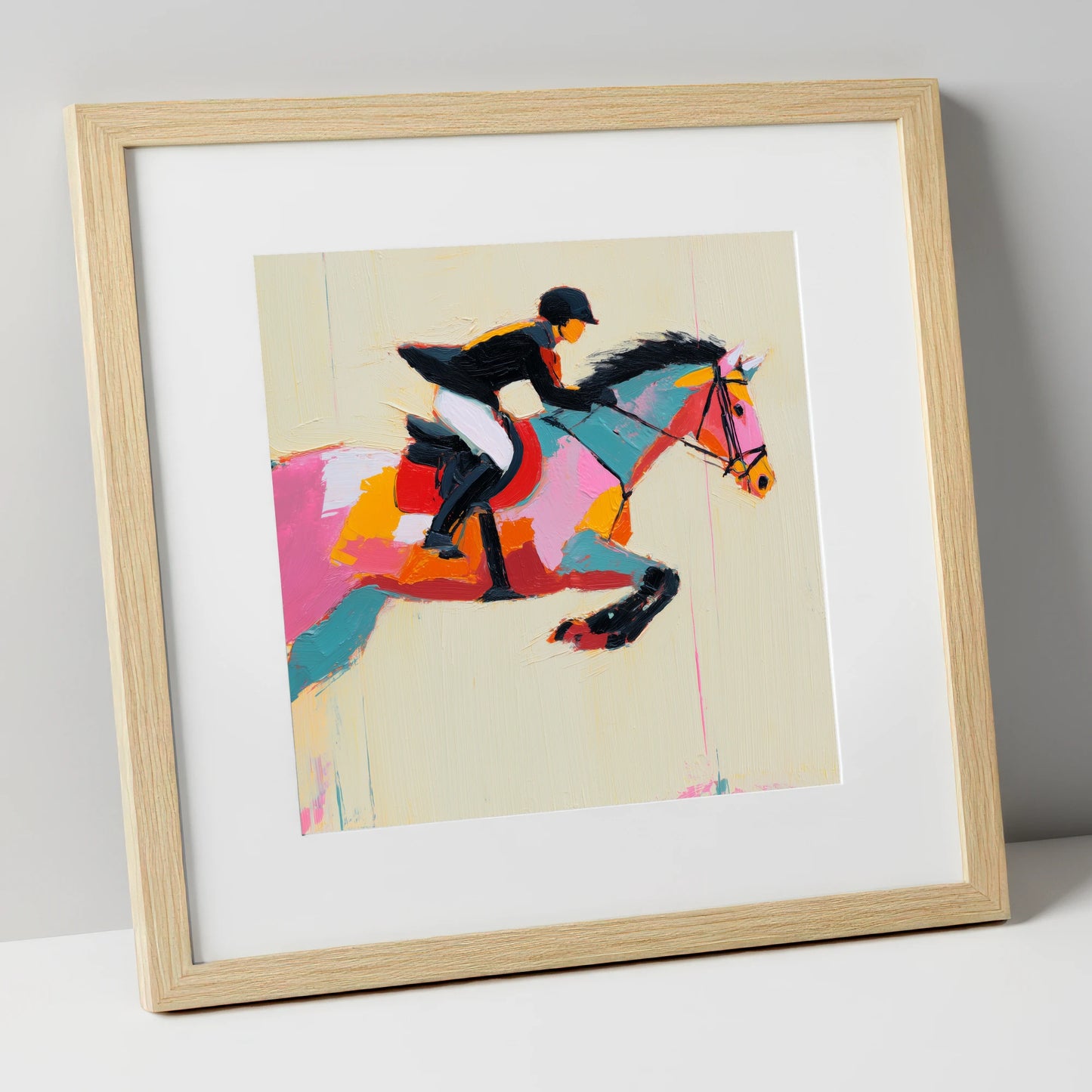 Vivid Showjumping Flight show jumping horse art print in natural frame