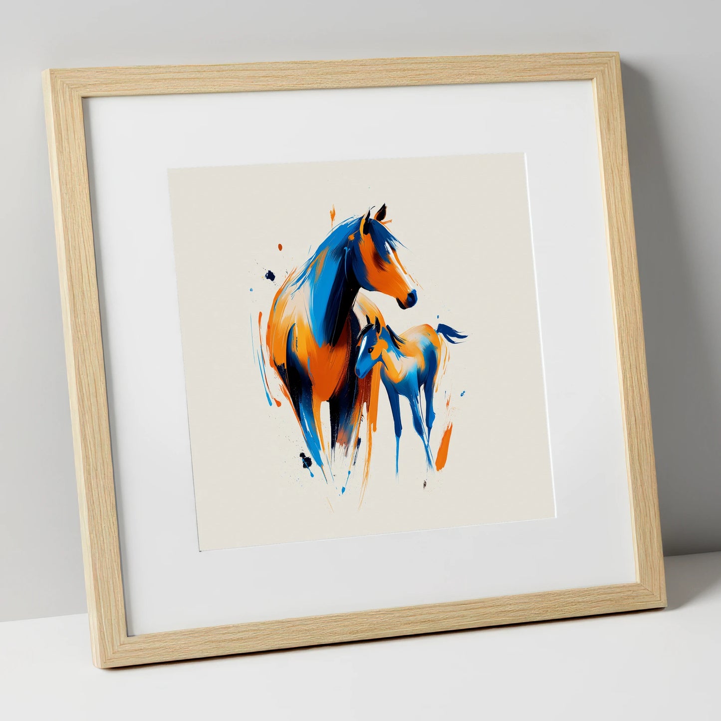 Azure and Amber Bond mare & foal art print in natural frame